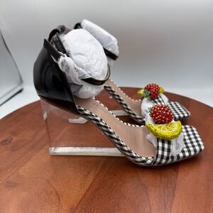 Betsey Johnson Harlen Gingham Fruit Beaded Clear Wedge Sandals Black White 7.5
